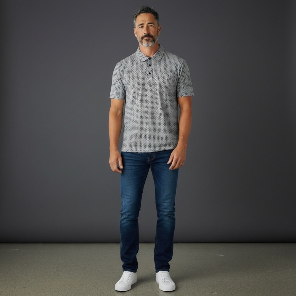 Bogner Men's Size 50 US M Geometric Print Short Sleeve Polo Shirt Gray Blue‎